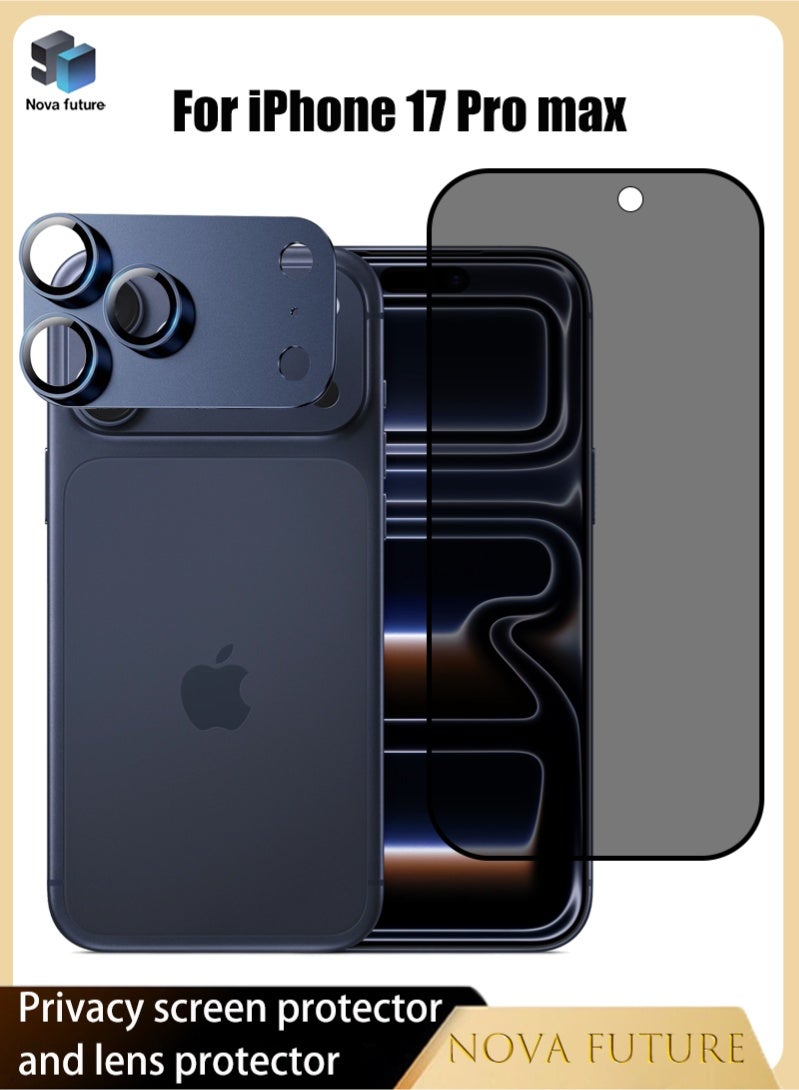Nova future 1+1 Apple iPhone 17 Pro Max Protective Kit includes a metal camera lens protector [drop resistant, full coverage - bule] + a privacy screen protector [9H hardness, 28° screen occlusion angle, scratch resistant]. - Image 1